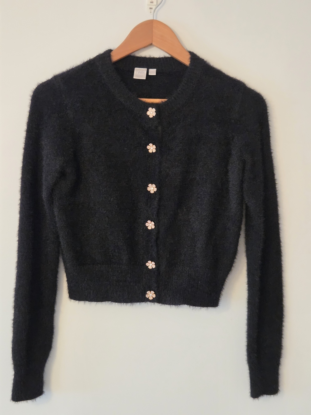 Twik Black Fuzzy Cardigan Sweater with Floral Buttons